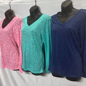 3 Womens V-Neck Long Sleeve Burnout Tops, Pink, Turquoise & Royal Blue. (MEDIUM)